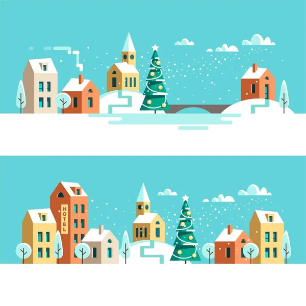 Vinter bylandskab. Jul vinter city street med små huse og træer. Flad stil vektor illustration . – Stock-vektor