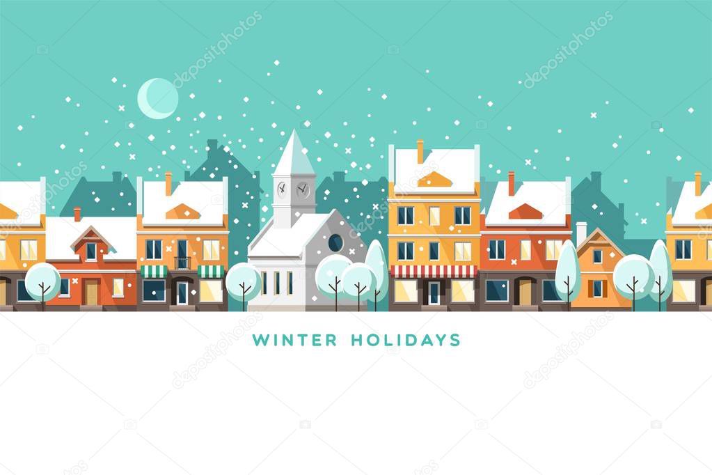 Urban winter landscape. Snowy street. Christmas card Happy Holidays banner. Vector illustration flat design.