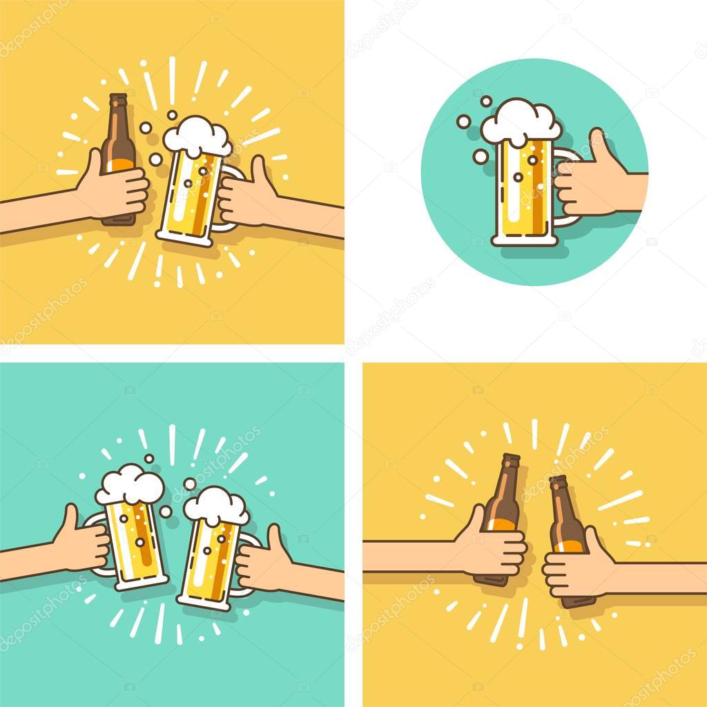 Celebration. Beer festival. Two hands holding the beer bottle and beer glass. Vector illustration in flat style.