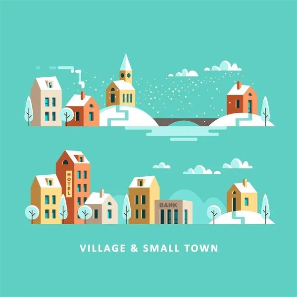 Satul. Un oraş mic. Peisaj rural și urban de iarnă. Vector plat ilustrație . — Vector de stoc