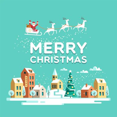 Noel Baba ile şehrin yukarıda gökyüzünde geyikler. Noel şehir. Vektör çizim.