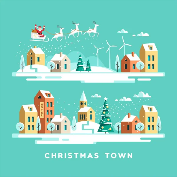 Père Noël avec des cerfs dans le ciel au-dessus de la ville. La ville de Noël. Illustration vectorielle . — Image vectorielle