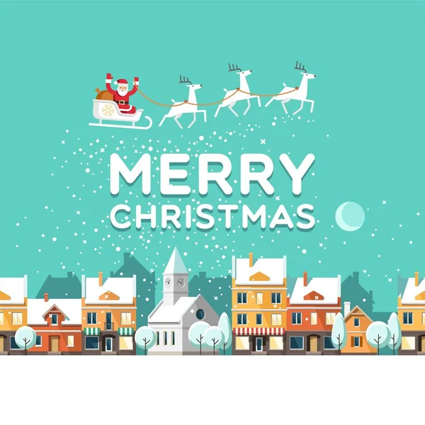 Karlı sokak. Kentsel kış manzarası. Noel Baba ile şehrin yukarıda gökyüzünde geyikler. Noel şehir. Vektör çizim.