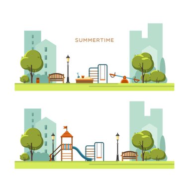 Public park in the city with children playground. Spring season. Vector illustration. clipart