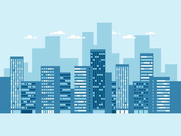 Paisaje urbano con edificios y nubes. Silueta de ciudad azul. Fondo del paisaje urbano. Ilustración vectorial . — Vector de stock