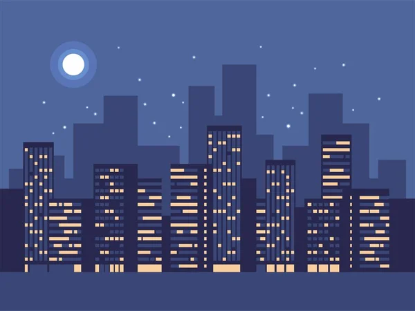 Fundo da cidade noturna. Silhueta com estrelas e lua no céu. Ilustração vetorial . — Vetor de Stock