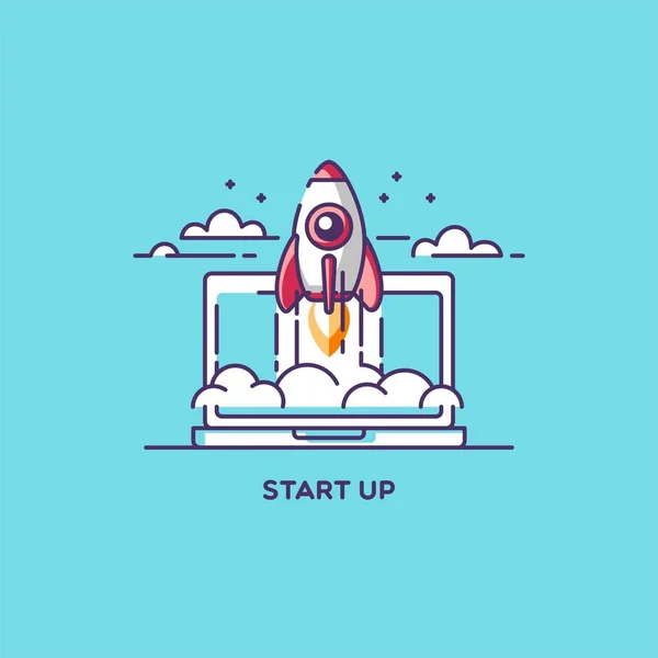 Opstarten. Rocket ship. Vector illustratie concept van nieuw zakelijk project opstarten van ontwikkeling en lancering van een product innovatie op een markt. — Stockvector