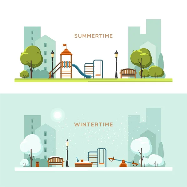 Öffentlicher Park in der Stadt mit Kinderspielplatz. Winter- und Sommersaison. Vektorillustration. — Stockvektor