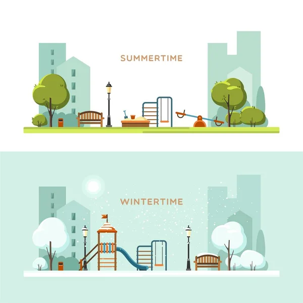 Parc public dans la ville avec aire de jeux pour enfants. Hiver et été. Illustration vectorielle . — Image vectorielle