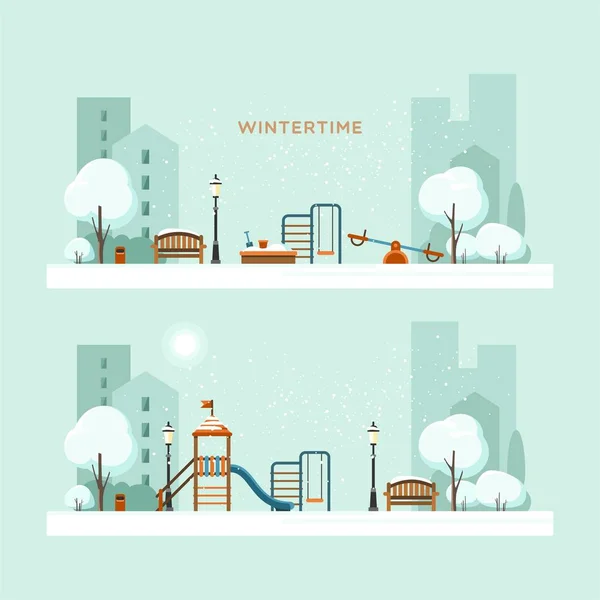 Parc public dans la ville avec aire de jeux pour enfants. Saison d'hiver. Illustration vectorielle . — Image vectorielle