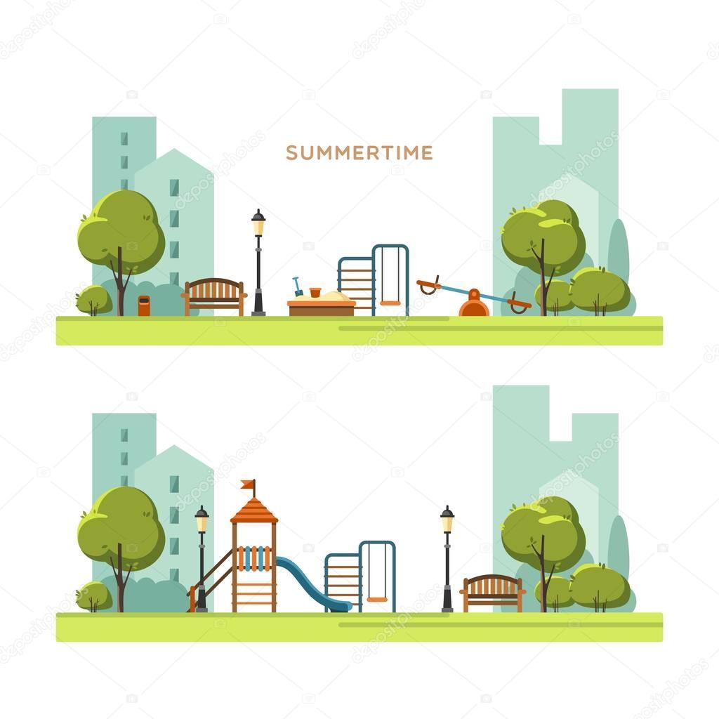 Public park in the city with children playground. Spring season. Vector illustration.