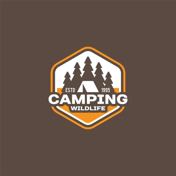 Camping and outdoor adventure retro logo, badge, sticker, stamp for your design. Summer and winter vacation insignia. Vector Illustration. — Stock Vector