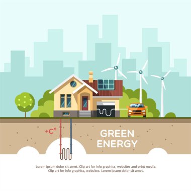 Yeşil enerji bir çevre dostu ev - güneş enerjisi, Rüzgar enerjisi, jeotermal enerji. Vektör konsept illüstrasyon.