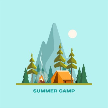 Yaz kampı. Sarı çadır, kamp ateşi, orman ve dağlar arka planda manzara. Kamp, spor, doğa, tatil ve Turizm vektör çizim Maceraları.