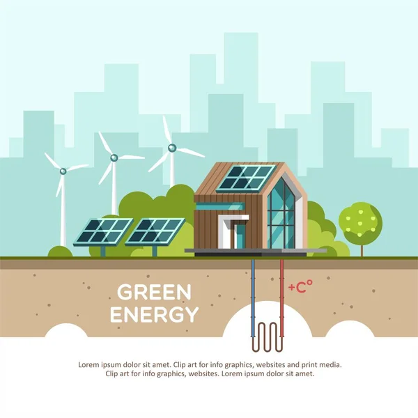 Yeşil enerji bir çevre dostu ev - güneş enerjisi, Rüzgar enerjisi, jeotermal enerji. Vektör konsept illüstrasyon. — Stok Vektör