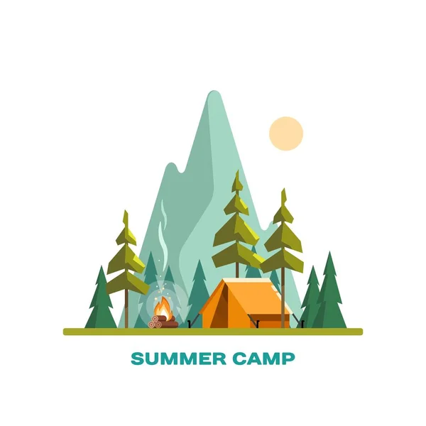 Campamento de verano. Paisaje con carpa amarilla, fogata, bosque y montañas al fondo. Deporte, camping, aventuras en la naturaleza, vacaciones e ilustración de vectores turísticos . — Archivo Imágenes Vectoriales