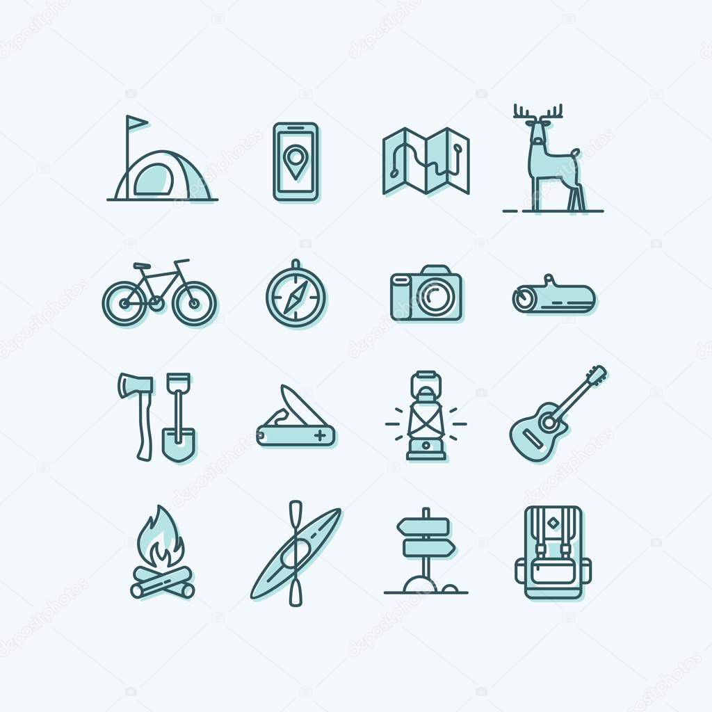 Set of icons and symbols for camping, hiking and outdoor recreation.. Vector illustration.