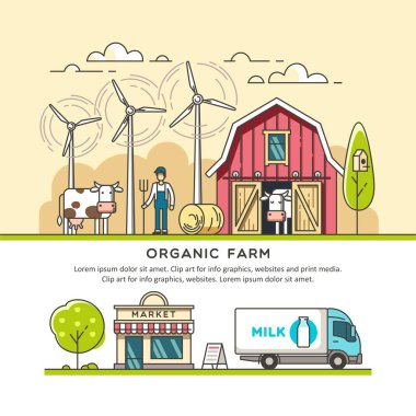 Organik tarım. Süt üretimi. Teslimat süt ürünleri. Doğrusal grafik vektör çizim.