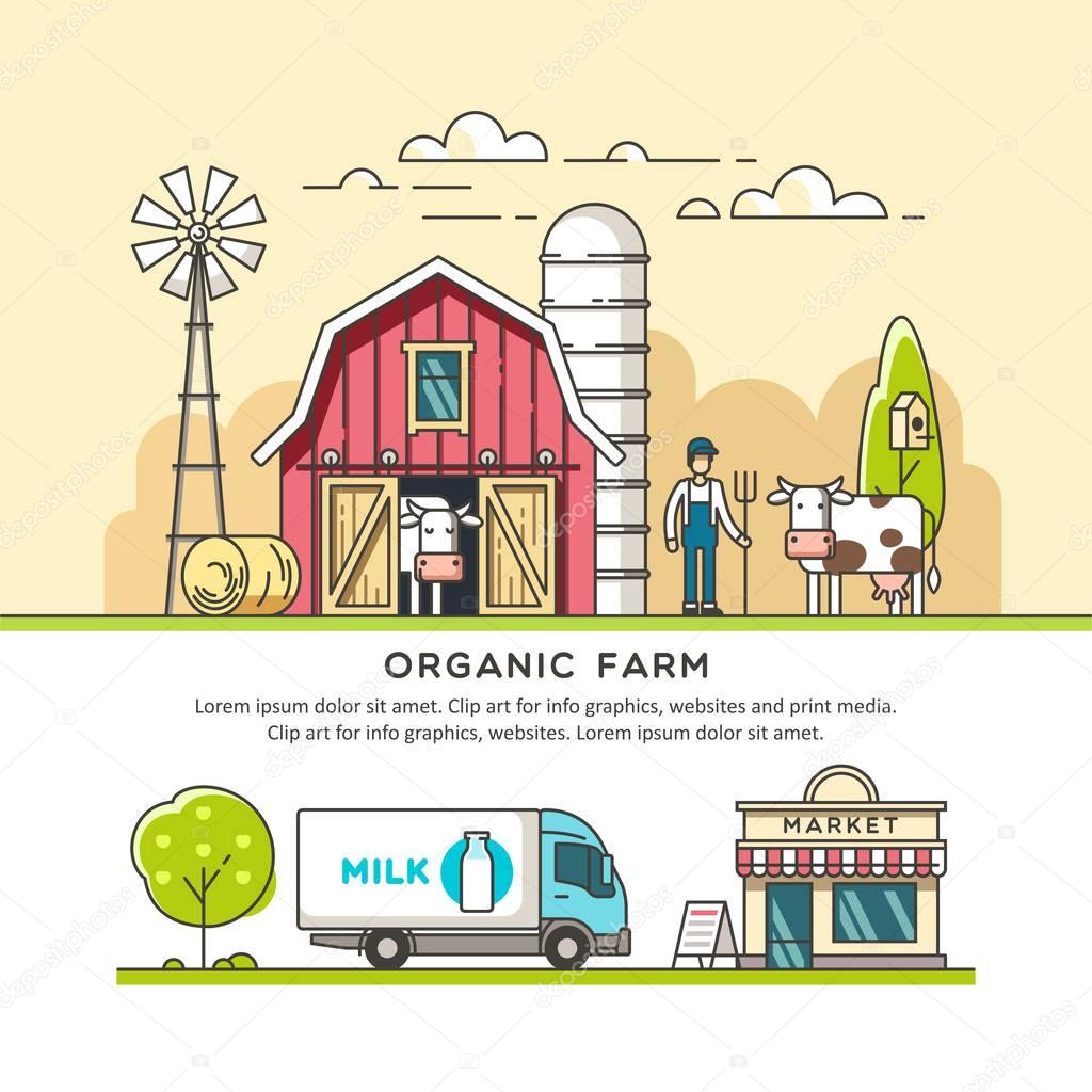 Organic farm. Milk production. Delivery dairy product. Vector illustration in linear graph.