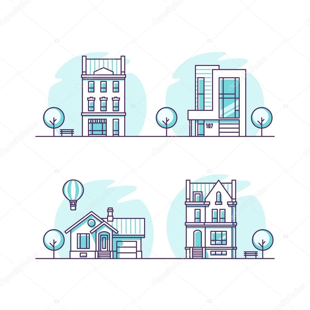 Traditional and modern houses. For web design and application interface, also useful for infographics. Vector illustration.