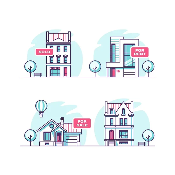 Set van stads- en voorstadsvervoer huizen. Onroerend goed concept. Vectorillustratie. — Stockvector