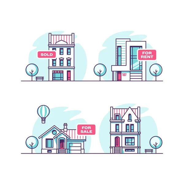 Conjunto de casas urbanas y suburbanas. Concepto inmobiliario. Ilustración vectorial . — Vector de stock