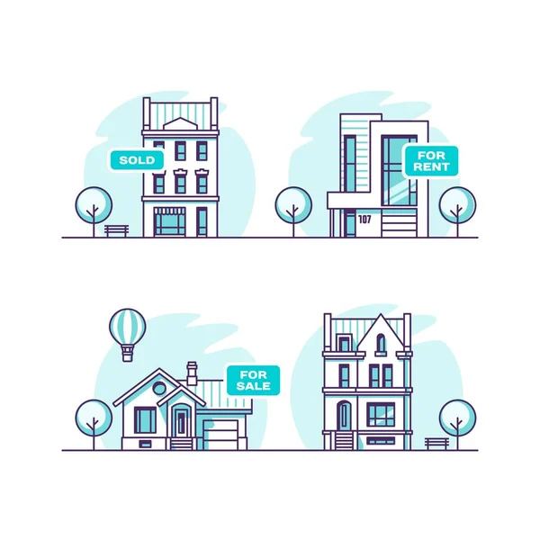Conjunto de casas urbanas y suburbanas. Concepto inmobiliario. Ilustración vectorial . — Vector de stock