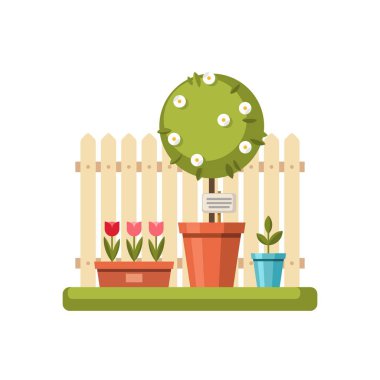 Ağaç, çiçek tencere ve çit beyaz arka plan üzerinde. Vektör çizim.