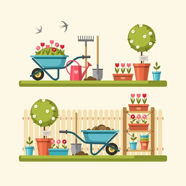 Concetto di giardinaggio. Attrezzi da giardino. Illustrazione vettoriale . — Vettoriale Stock