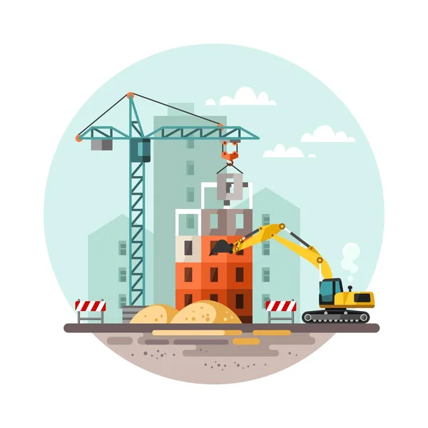 Proceso de construcción con casas y máquinas de construcción. Ilustración vectorial . — Vector de stock