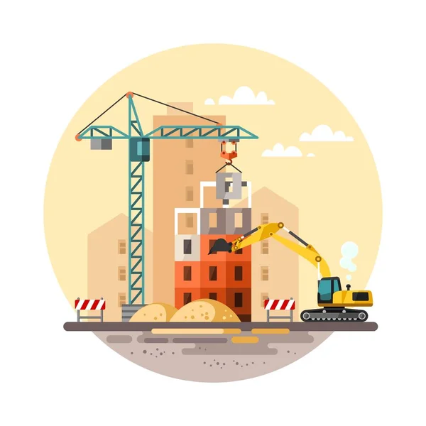 Processus de construction avec maisons et machines de construction. Illustration vectorielle . — Image vectorielle