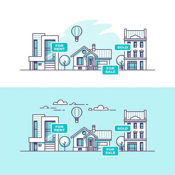 Conjunto de casas urbanas y suburbanas. Concepto inmobiliario. Ilustración vectorial . — Vector de stock