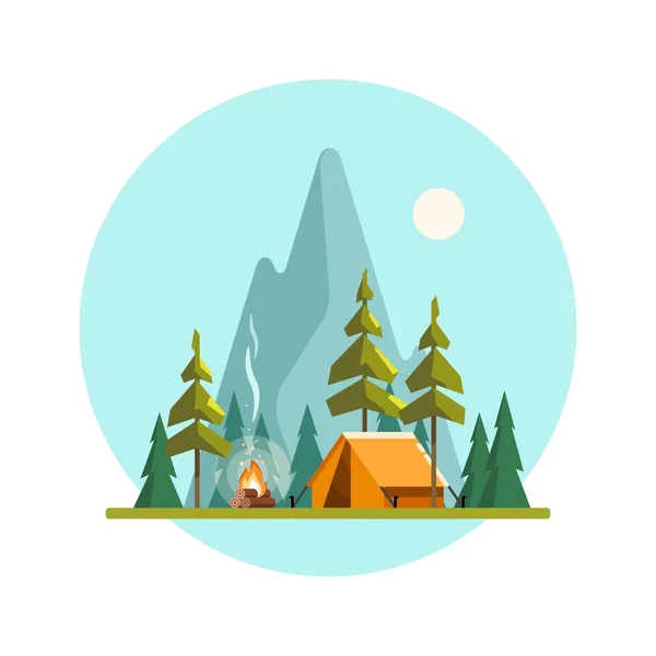 Campamento de verano. Paisaje con carpa amarilla, fogata, bosque y montañas al fondo. Deporte, camping, aventuras en la naturaleza, vacaciones e ilustración de vectores turísticos . — Vector de stock