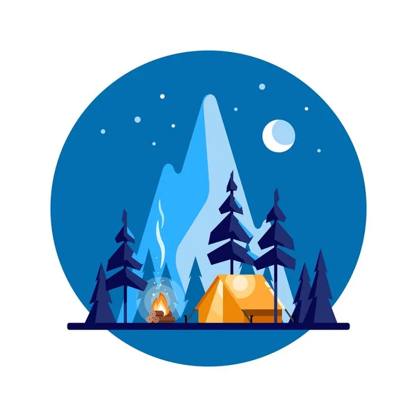 Campo estivo. Paesaggio notturno con tenda illuminata, foresta e montagne sullo sfondo. Sport, campeggio, avventure nella natura, vacanze e turismo vettoriale illustrazione . — Vettoriale Stock