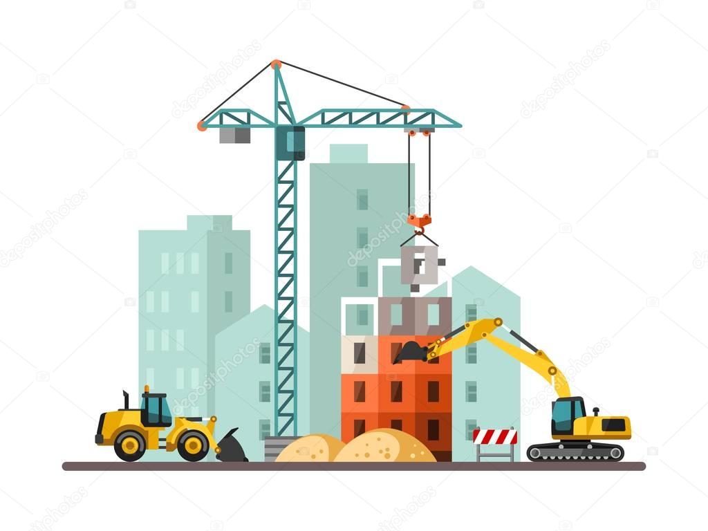 Building work process with houses and construction machines. Vector illustration.