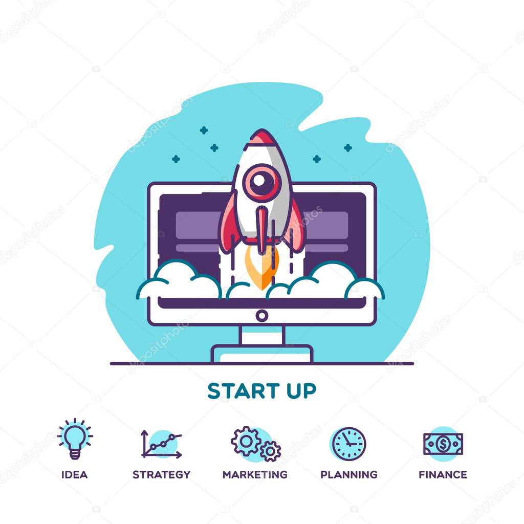 Start up. Concept for new business project, launching product or service with symbols. Vector illustration.