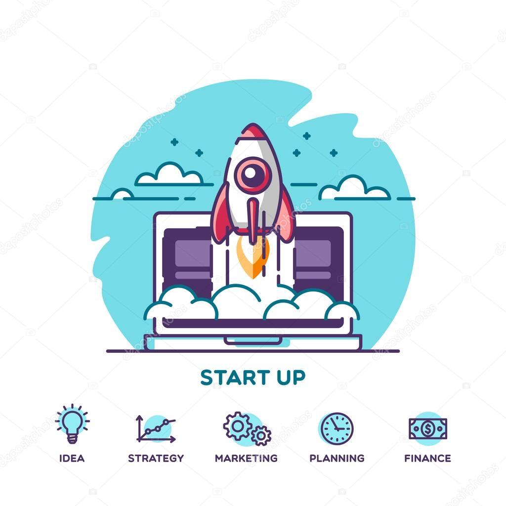 Start up. Concept for new business project, launching product or service with symbols. Vector illustration.