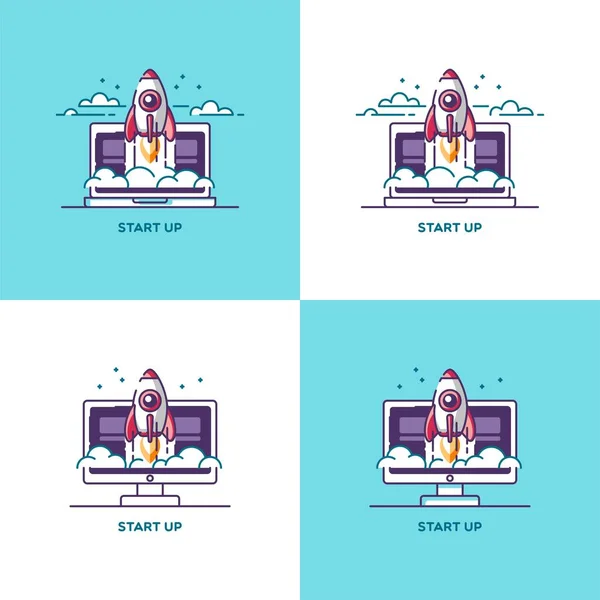 Start up set design elements in trendy linear style. Rocket ship. Vector illustration concept of new business project development and launch a new innovation product on a market. — Stock Vector