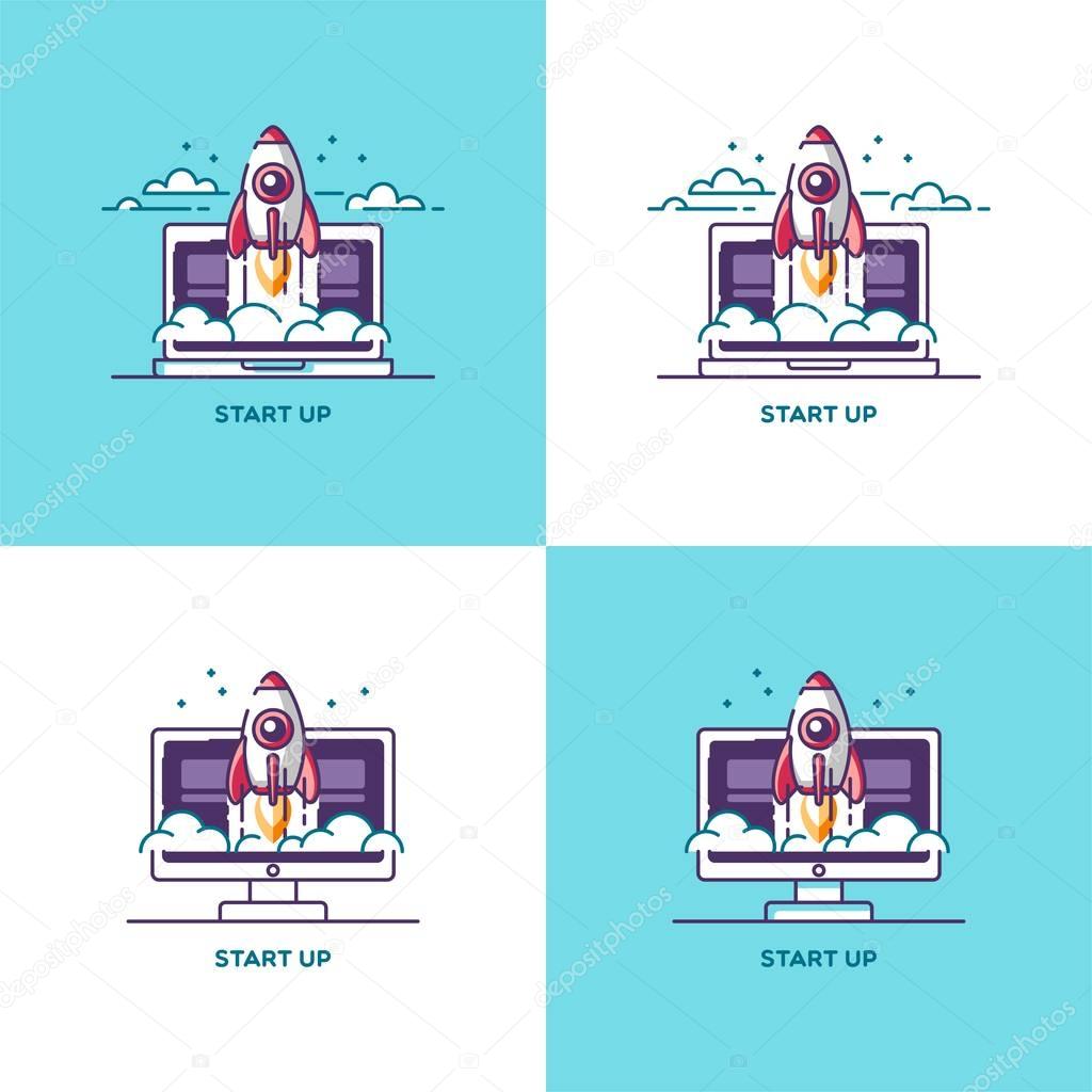Start up set design elements in trendy linear style. Rocket ship. Vector illustration concept of new business project development and launch a new innovation product on a market.