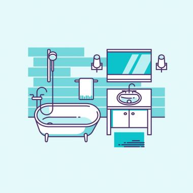 Bir banyo iç. Vektör çizim çizgi stili.