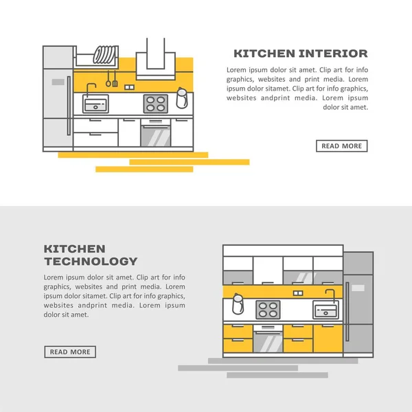 Köksmöbler och vitvaror. Vektorillustration i linjestil. Kan användas för reklam eller web design. — Stock vektor