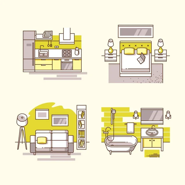 Appartement à l'intérieur. Intérieur moderne détaillé de la maison. Salon, chambre, cuisine et salle de bains. Illustration vectorielle en ligne. Peut être utilisé pour la publicité ou la conception web . — Image vectorielle