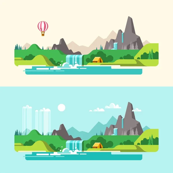 Summer landscape. Hiking and camping. Weekend in the tent. Vector illustration in flat design style. — Stock Vector