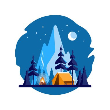 Yaz kampı. Sarı çadır, kamp ateşi, orman ve dağlar ve arka plan üzerinde gece yatay. Kamp, spor, doğa, tatil ve Turizm vektör çizim Maceraları.