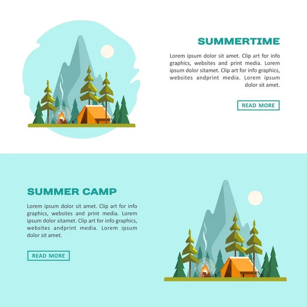 Sommarläger. Landskap med gula tält, lägereld, skogen och bergen i bakgrunden. Idrott, camping, äventyr i naturen, semester och turism vektor banner. — Stock vektor