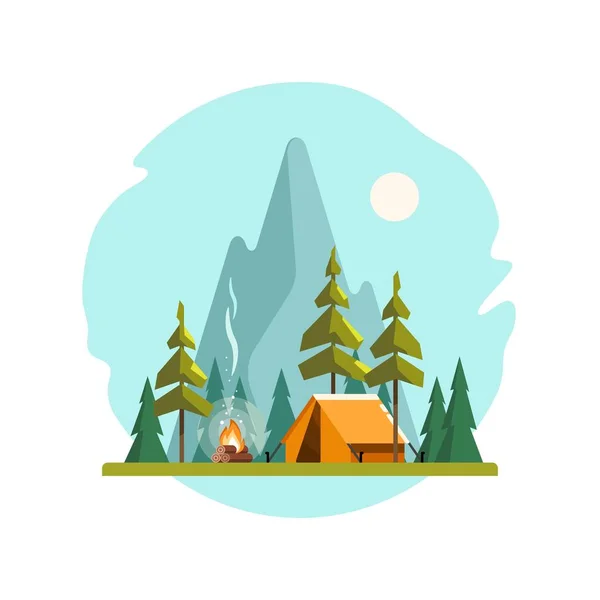 Campamento de verano. Paisaje con carpa amarilla, fogata, bosque y montañas al fondo. Deporte, camping, aventuras en la naturaleza, vacaciones e ilustración de vectores turísticos . — Vector de stock