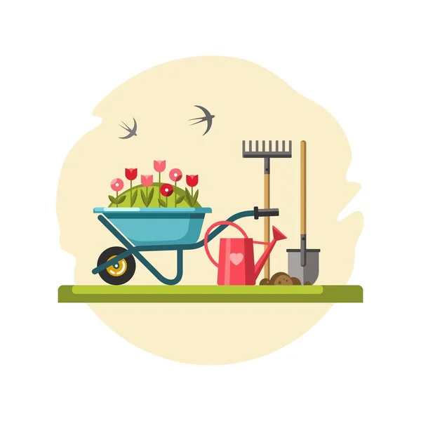 Begreppet trädgårdsarbete. Trädgårdsredskap. Vektorillustration. — Stock vektor