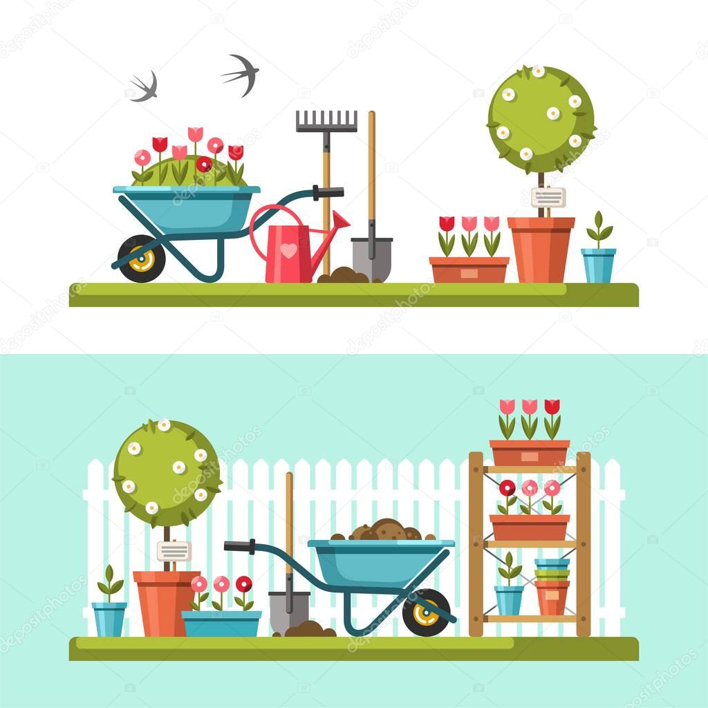 Concept of gardening. Garden tools. Banner with summer garden landscape. Vector illustration.