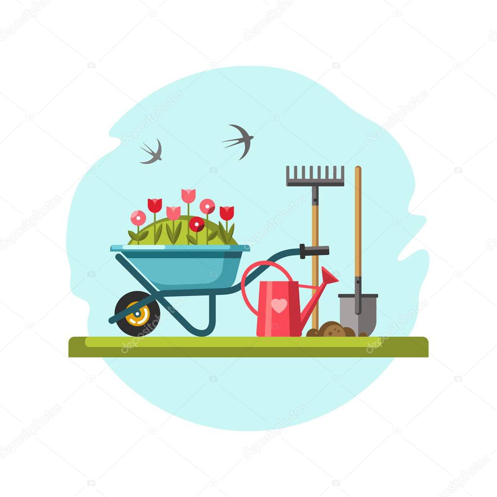 Concept of gardening. Garden tools. Vector illustration.