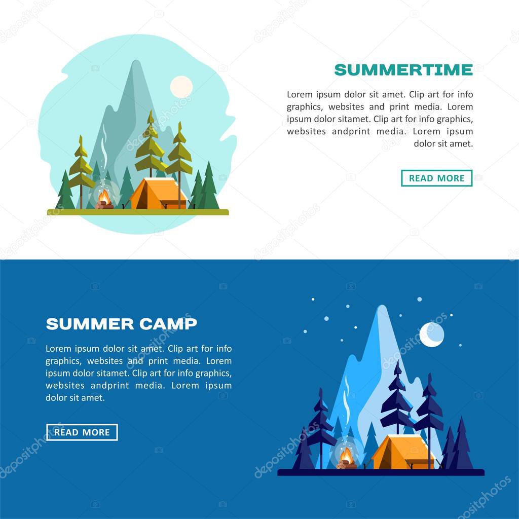 Summer time. Day and night landscape with yellow tent, campfire, forest and mountains on the background. Sport, camping, adventures in nature, vacation, and tourism vector banner.